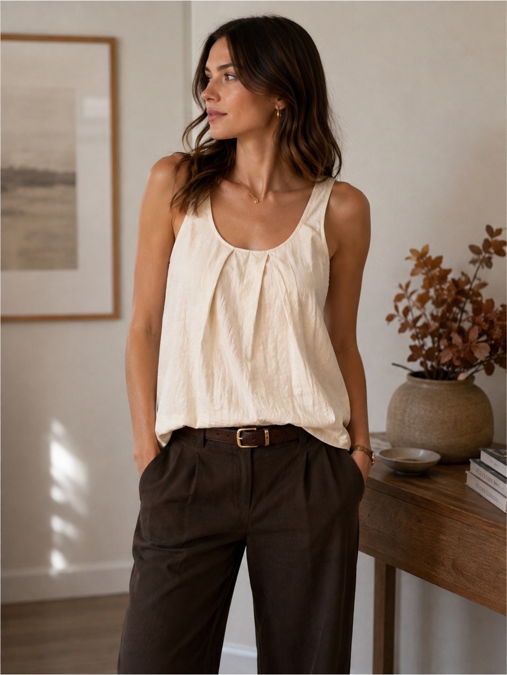 Eileen Fisher Shadow Stripe Metallic Cotton Silk Lined Shell Top Bone S